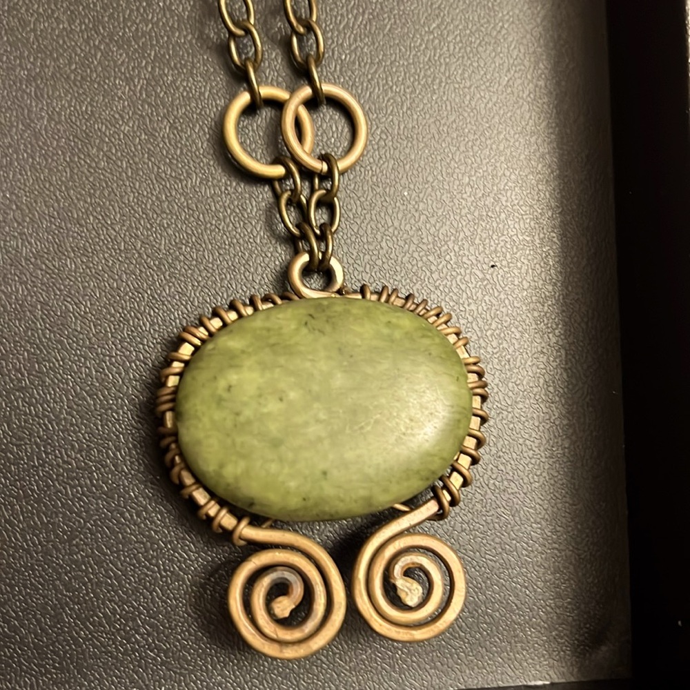 Necklace copper brass wire, Greenstone agate handmade